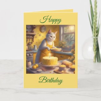 Whimsical Cat Baking Birthday Cake