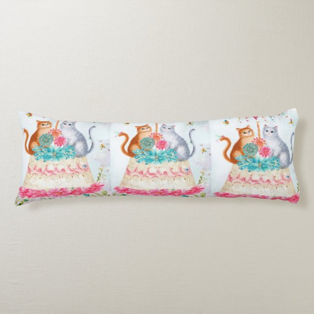 Whimsical Cat Birthday Celebration Body Pillow (Front)
