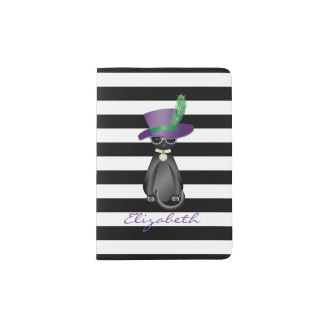 Whimsical Cat ,Black Striped-Personalized Passport Holder (Front)