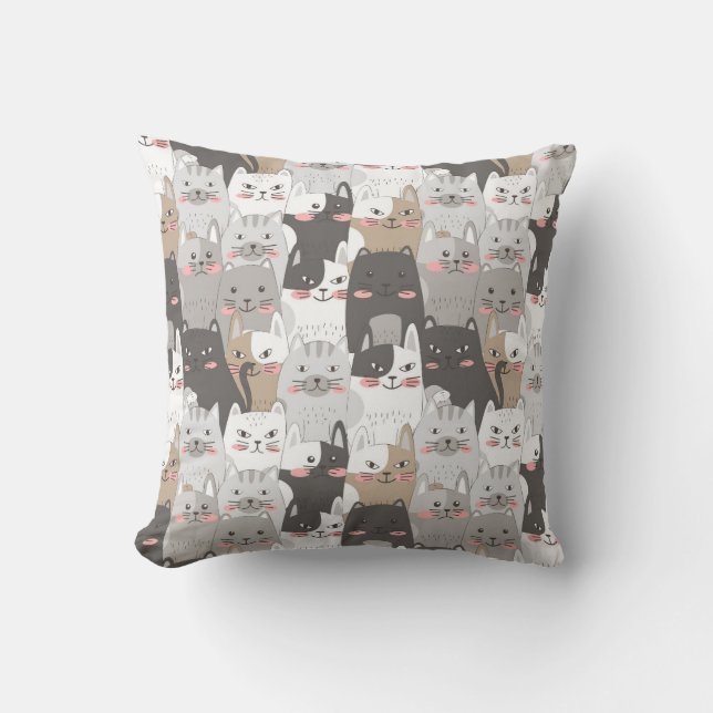 Whimsical Cat Crowd Throw Pillow (Front)