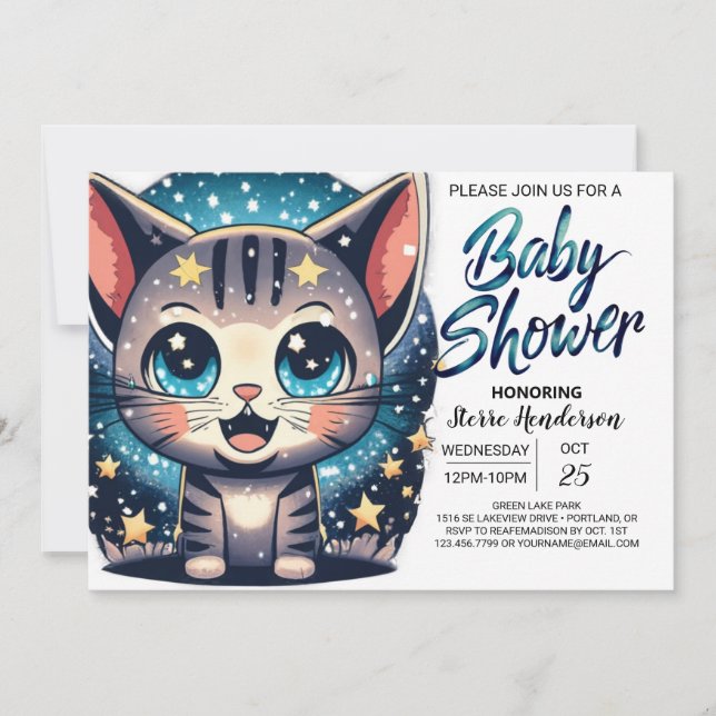Whimsical Cat Editable Boy Baby Shower Invitation (Front)