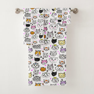 Whimsical Cat Faces Pattern Bath Towel Set