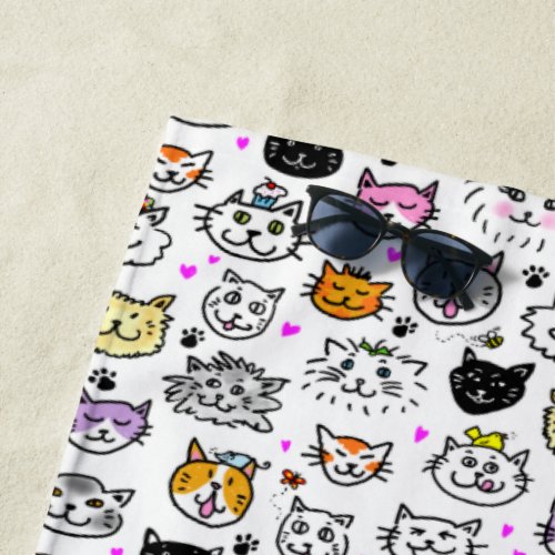 Whimsical Cat Faces Pattern Beach Towel