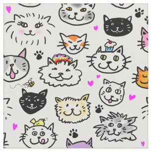 Whimsical Cat Faces Pattern Fabric