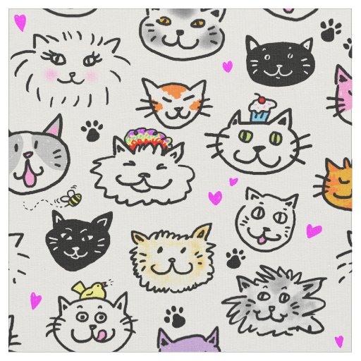 Whimsical Cat Faces Pattern Fabric