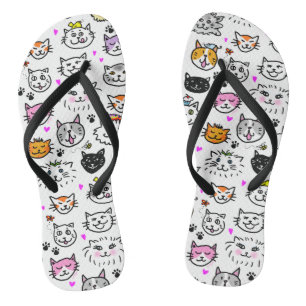 Whimsical Cat Faces Pattern Flip Flops
