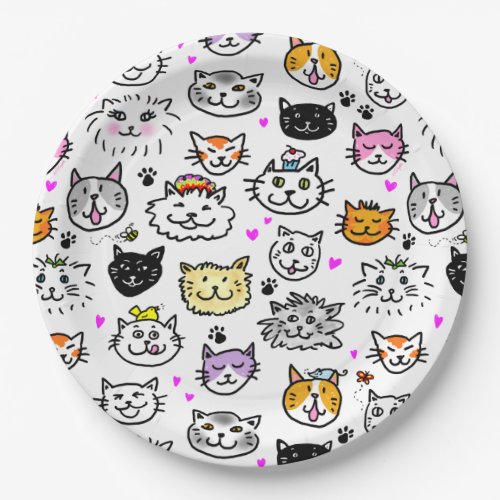 Whimsical Cat Faces Pattern Paper Plates
