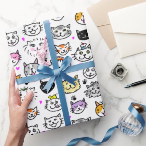 Whimsical Cat Faces Pattern Wrapping Paper