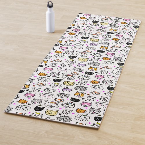 Whimsical Cat Faces Pattern Yoga Mat