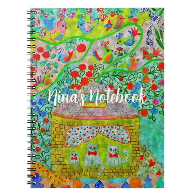 "Whimsical Cat Family & Enchanted Garden Notebook (Front)