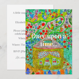 Whimsical Cat Family & Storybook Cottage Birthday Invitation