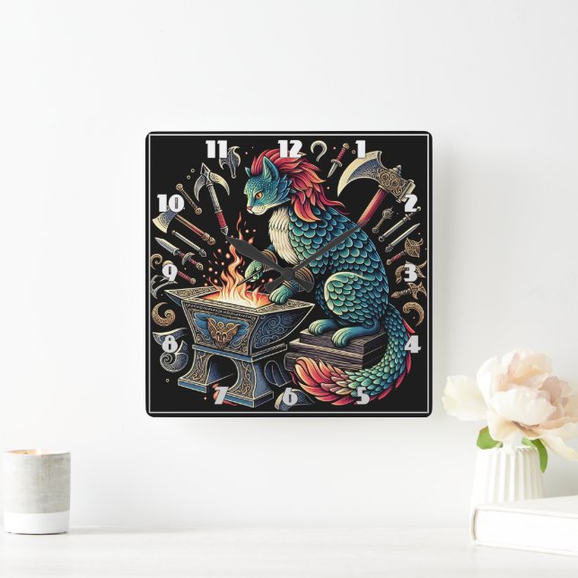 Whimsical Cat Forging Weapons at Fantasy Workshop Square Wall Clock (Home)