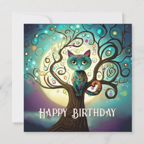 Whimsical Cat Full Moon Artwork Birthday Flat Card