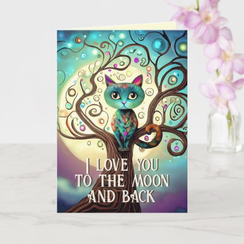 Whimsical Cat Full Moon Artwork I Love You Card