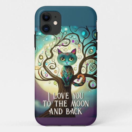 Whimsical Cat Full Moon Artwork I Love You iPhone 11 Case