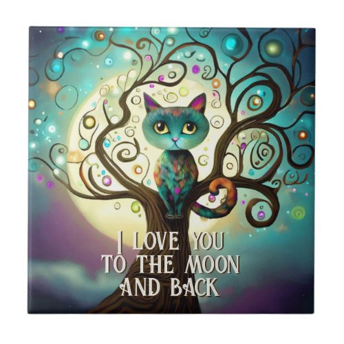 Whimsical Cat Full Moon Artwork I Love You Ceramic Tile