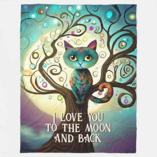 Whimsical Cat Full Moon Artwork I Love You Fleece Blanket