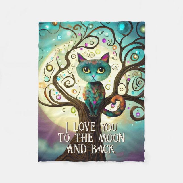 Whimsical Cat Full Moon Artwork I Love You Fleece Blanket (Front)