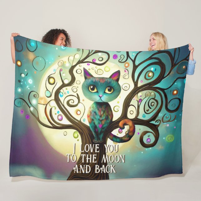 Whimsical Cat Full Moon Artwork I Love You Fleece Blanket (In Situ)
