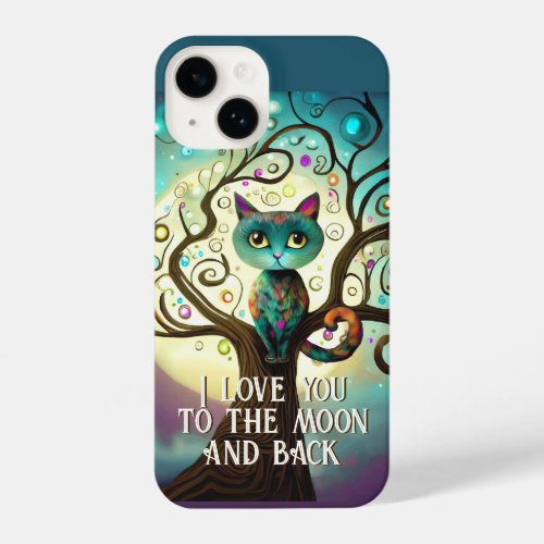 Whimsical Cat Full Moon Artwork I Love You iPhone 14 Case