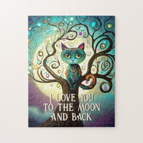 Whimsical Cat Full Moon Artwork I Love You Jigsaw Puzzle