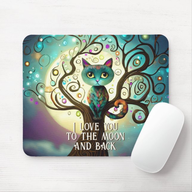 Whimsical Cat Full Moon Artwork I Love You Mouse Pad (With Mouse)