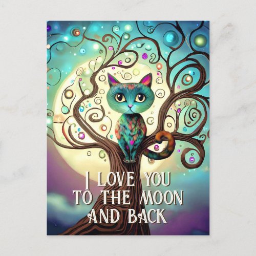 Whimsical Cat Full Moon Artwork I Love You Postcard