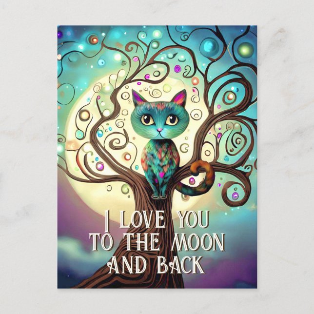 Whimsical Cat Full Moon Artwork I Love You Postcard (Front)