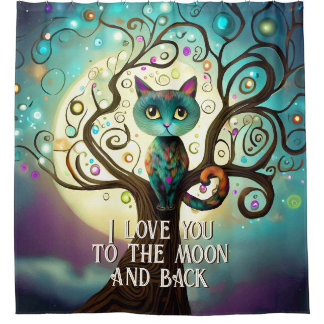 Whimsical Cat Full Moon Artwork I Love You Shower Curtain (Front)
