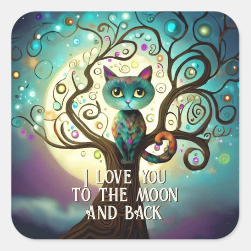Whimsical Cat Full Moon Artwork I Love You Square Sticker