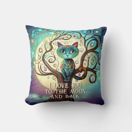 Whimsical Cat Full Moon Artwork I Love You Throw Pillow