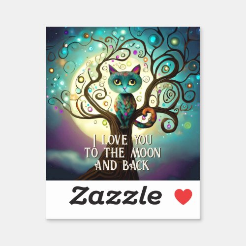 Whimsical Cat Full Moon Artwork I Love You Vinyl Sticker