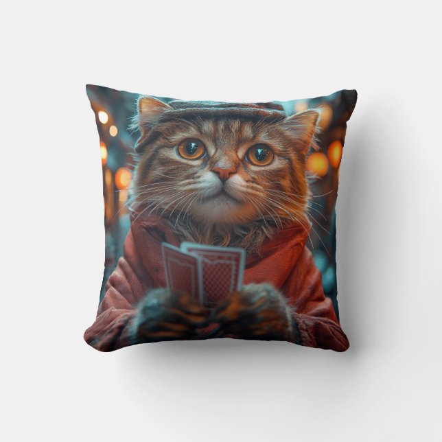 Whimsical Cat Gambler - Playful Feline Artwork Throw Pillow (Front)