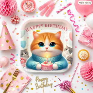 Whimsical Cat Happy Birthday Party Paper Plates