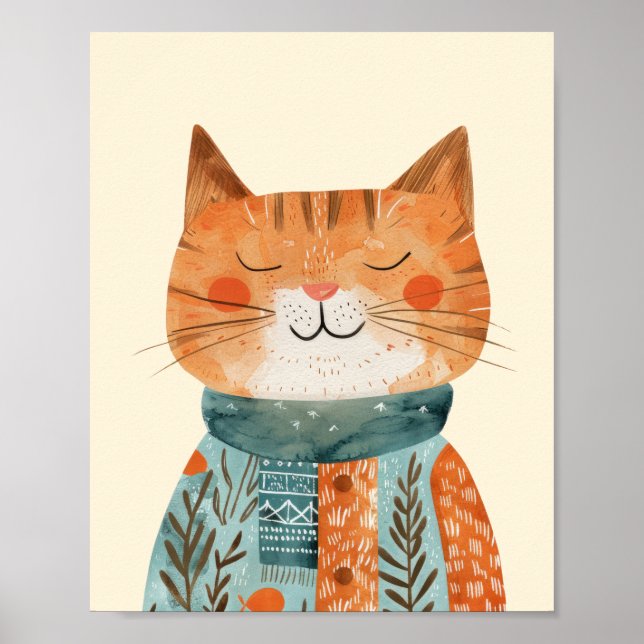 Whimsical Cat Illustration Watercolor Nursery  Poster (Front)