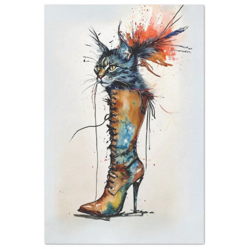 Whimsical Cat in a Boot Vibrant Colors Decoupage Tissue Paper