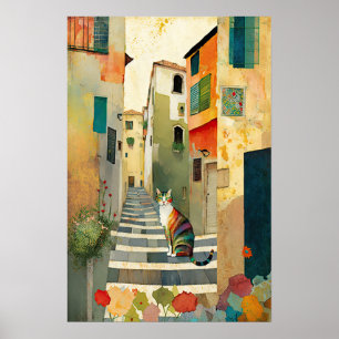 Whimsical Cat in a Mediterranean Village Poster