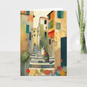 Whimsical Cat in a Mediterranean Village Thank You Card