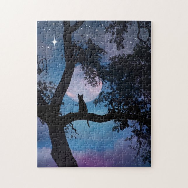 Whimsical Cat in Tree and Moon Cute Fun Jigsaw Puzzle (Vertical)