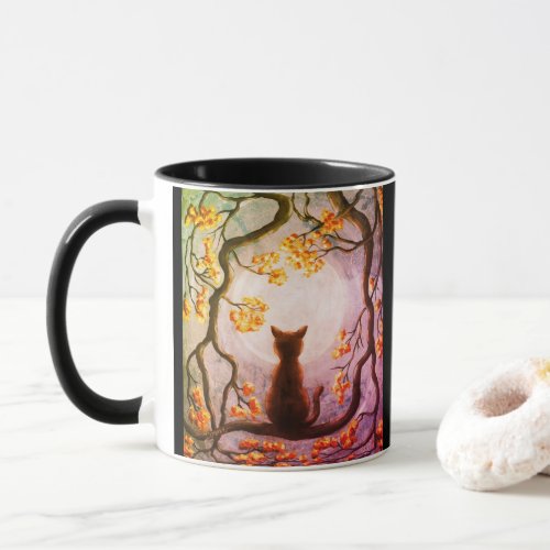 Whimsical Cat in Tree Full Moon Art Painting Love Mug