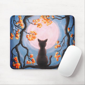 Whimsical Cat in Tree Full Moon Artwork Mouse Pad