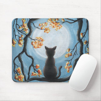 Whimsical Cat in Tree Full Moon Blue Mouse Pad