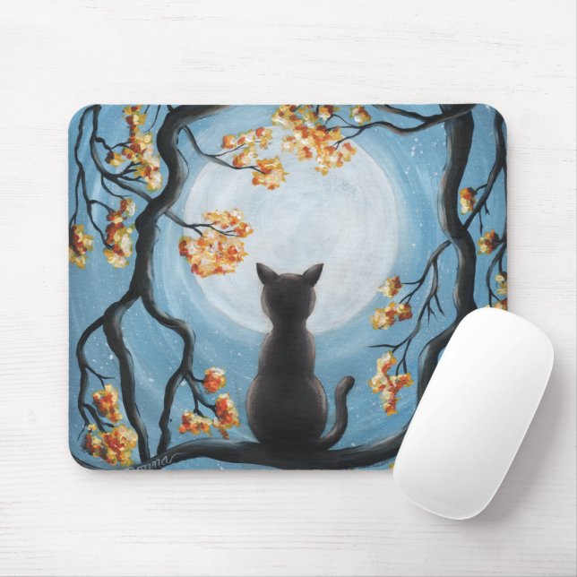 Whimsical Cat in Tree Full Moon Blue Mouse Pad (With Mouse)