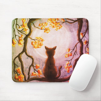 Whimsical Cat in Tree Full Moon Mouse Pad