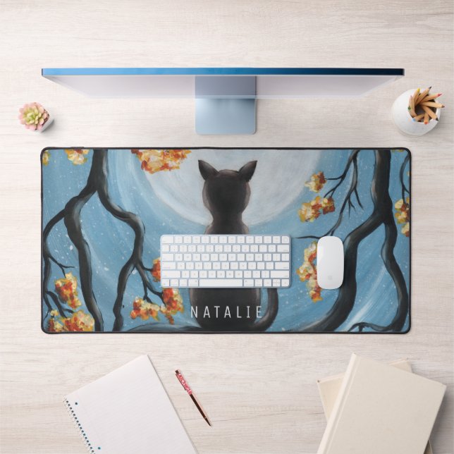 Whimsical Cat in Tree Full Moon Painting Add Name Desk Mat (Office 1)