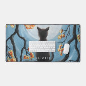 Whimsical Cat in Tree Full Moon Painting Add Name Desk Mat (Keyboard & Mouse)