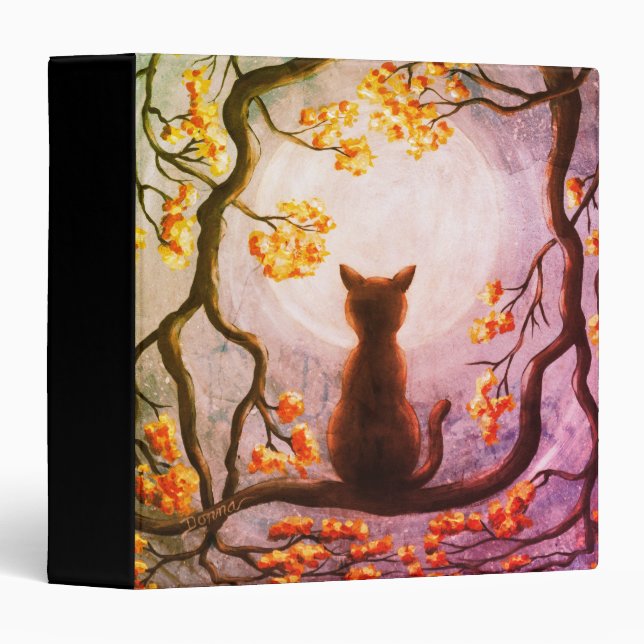 Whimsical Cat in Tree Full Moon Painting Art 3 Ring Binder (Front/Spine)