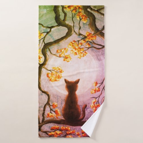Whimsical Cat in Tree Full Moon Painting Art Bath Towel
