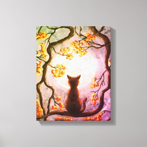 Whimsical Cat in Tree Full Moon Painting Art Canvas Print