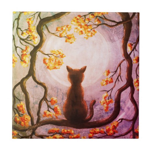 Whimsical Cat in Tree Full Moon Painting Art Ceramic Tile